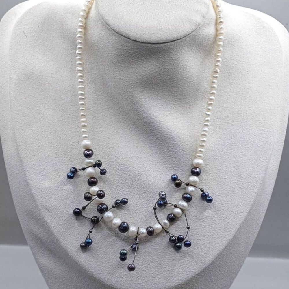 Vintage Dainty Real Freshwater Black and Cream Pearls Necklace Outer Space Vibes